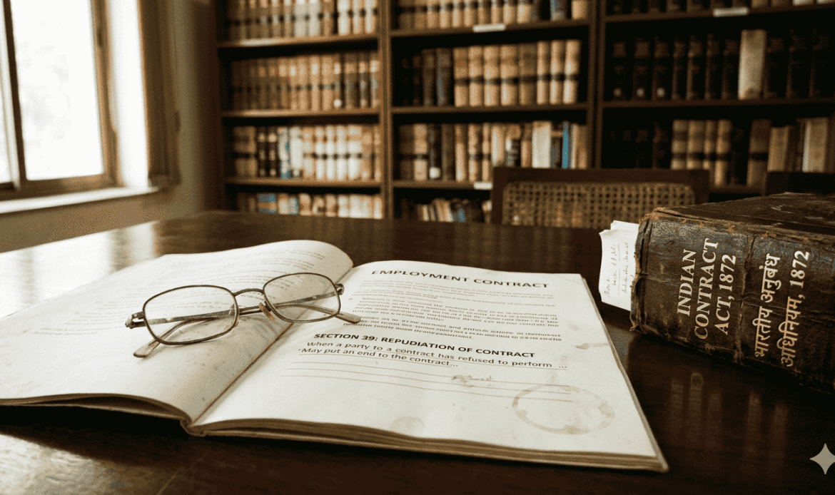 An open employment contract highlighting Section 39 (Repudiation of Contract) alongside the Indian Contract Act, 1872 in a traditional legal setting.