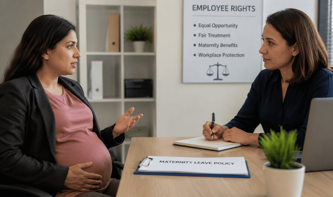 Pregnant employee discussing maternity leave rights and workplace benefits
