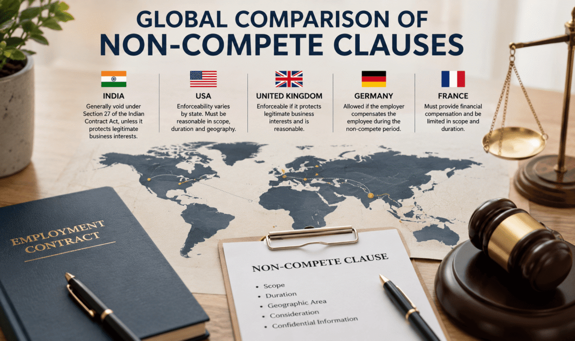 Comparison of non-compete clause laws across India, the USA, and Europe