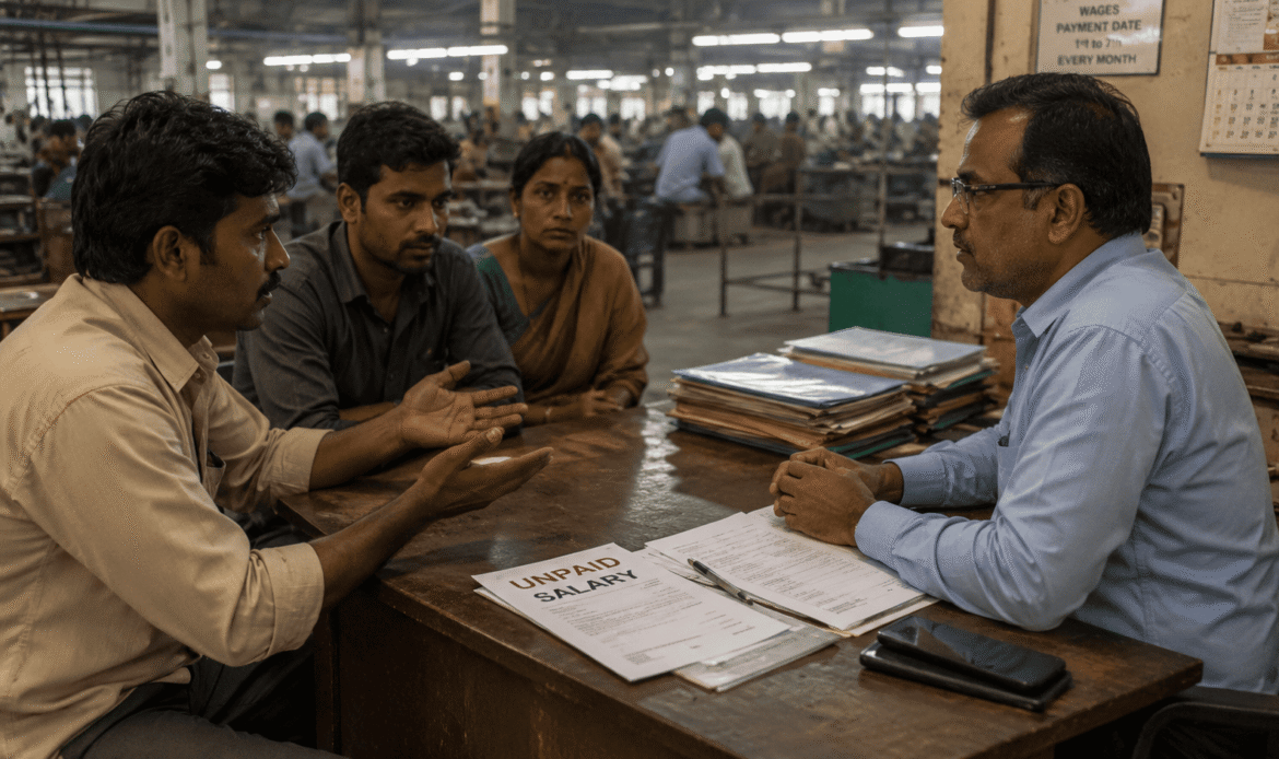 Workers discussing wage disputes, unpaid salaries, overtime pay issues, and minimum wage compliance in India.