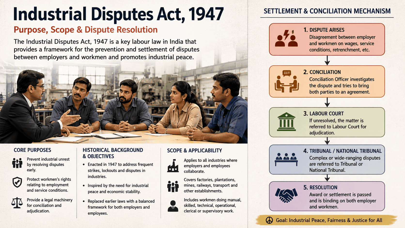Industrial Disputes Act – Purpose, Scope & Dispute Resolution