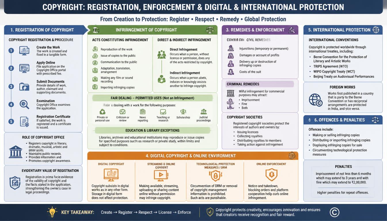 Copyright Act 1957 infographic explaining copyright registration, infringement, legal remedies, digital copyright protection, copyright societies, and international protection.