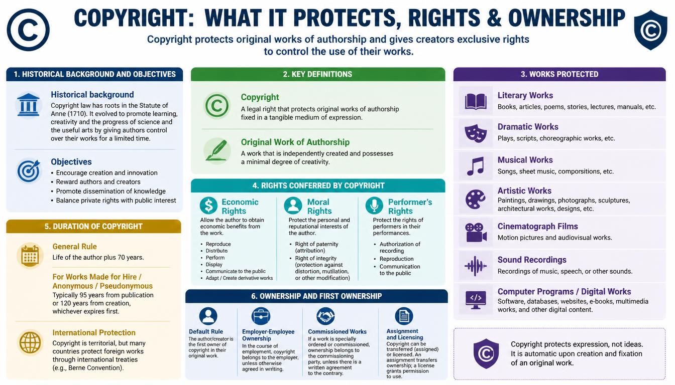 Copyright Act 1957 infographic showing protected works, copyright rights, ownership, and licensing for authors, artists, musicians, filmmakers, and software developers.