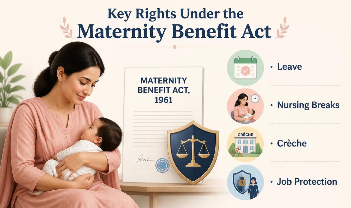 Key rights of women employees under the Maternity Benefit Act including maternity leave, nursing breaks, crèche facilities and protection from dismissal