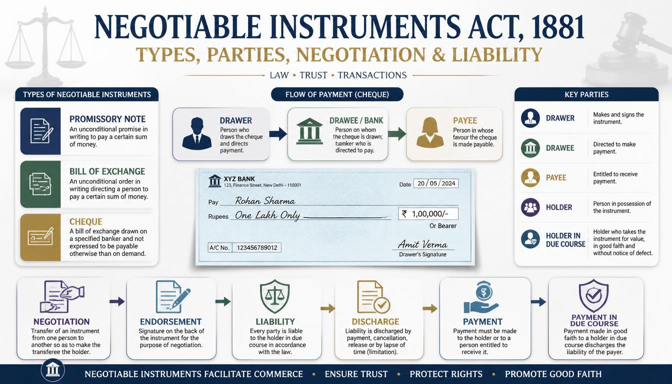 Negotiable Instruments Act 1881 infographic showing promissory notes, bills of exchange, cheques, parties, negotiation, endorsement, holder in due course, liability and discharge.
