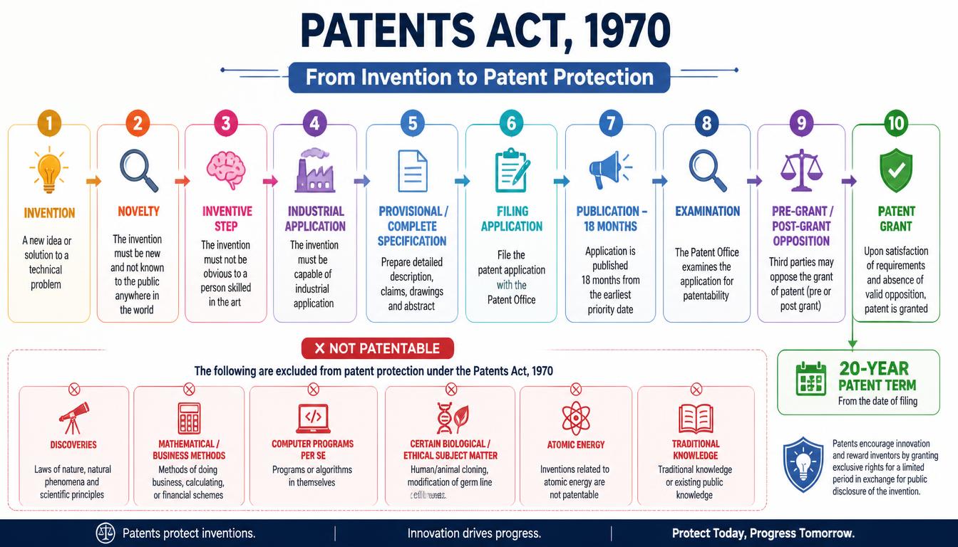 Patents Act 1970 infographic showing patentability criteria, non-patentable inventions, patent application, examination, opposition, patent grant and 20-year protection period.
