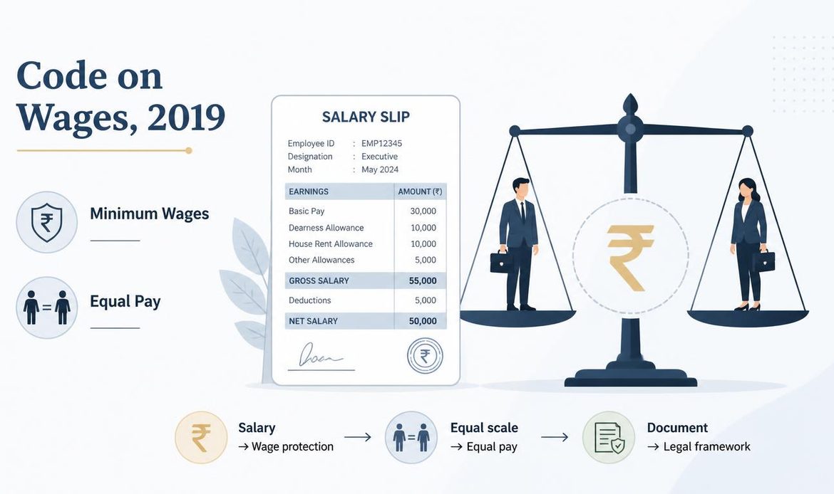 Professional illustration showing salary, equal pay and minimum wage protection under the Code on Wages, 2019.