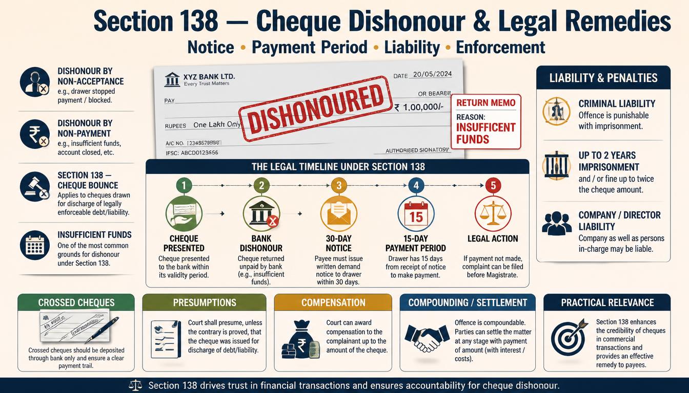 Section 138 cheque bounce infographic showing cheque dishonour, 30-day legal notice, 15-day payment period, criminal liability, penalties, company liability, crossed cheques and legal remedies.