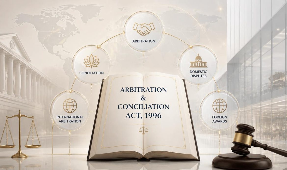 Arbitration and Conciliation Act 1996 framework showing arbitration, conciliation, international disputes and foreign awards