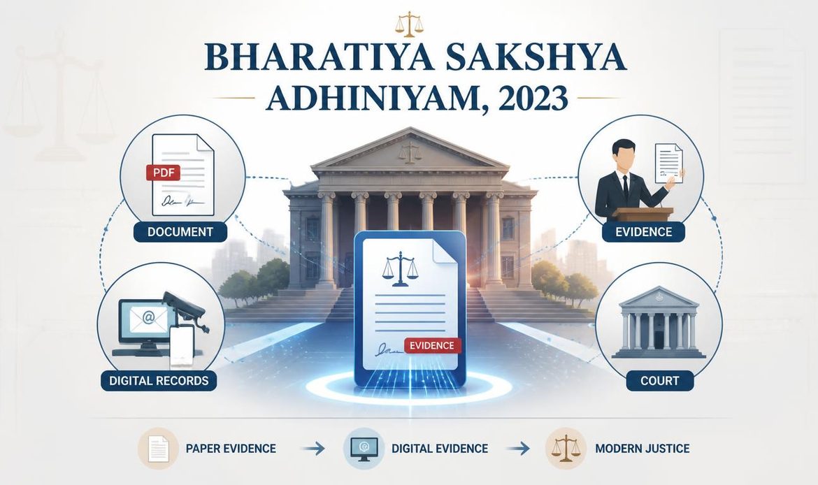 Bharatiya Sakshya Adhiniyam 2023 overview showing court, evidence, documents and recognition of digital records