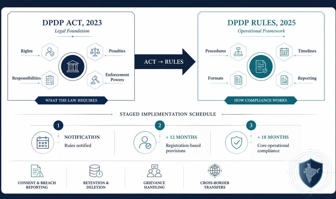 DPDP Act 2023 and DPDP Rules 2025 framework showing legal requirements, operational procedures and phased implementation timeline