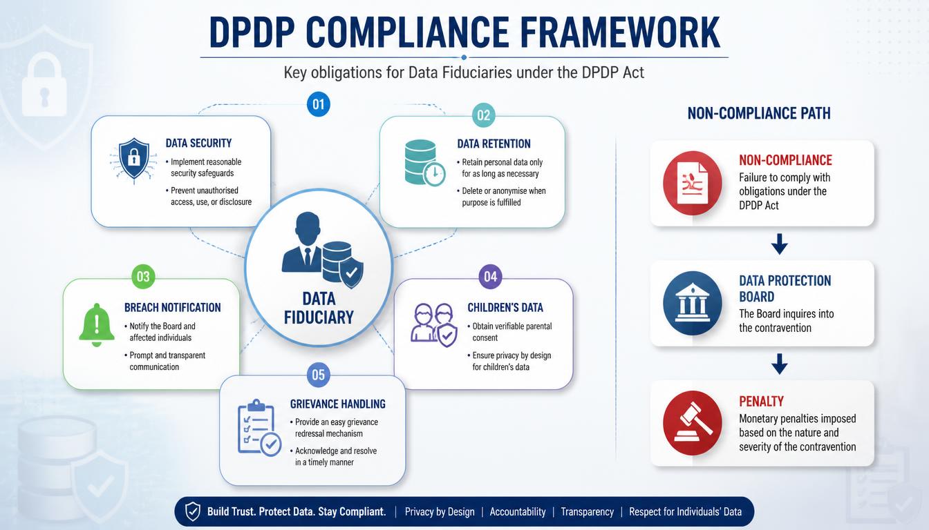 DPDP Act compliance framework showing Data Fiduciary obligations, breach management and penalties.