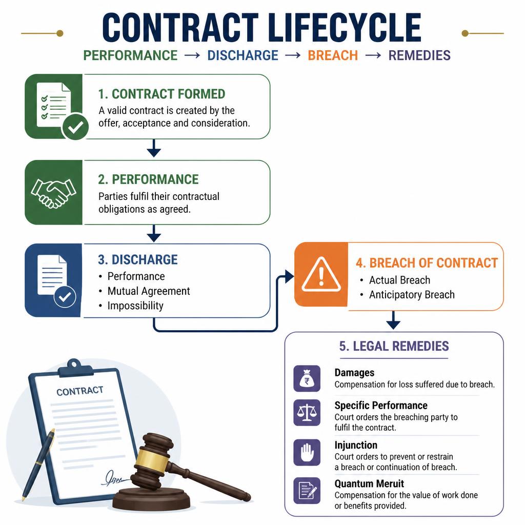 Indian Contract Act 1872 contract lifecycle showing performance discharge breach and remedies including damages specific performance and injunction