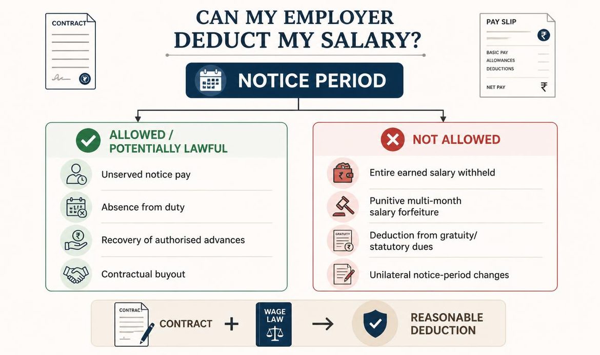 Notice period rules in India showing lawful salary deductions and unlawful salary withholding