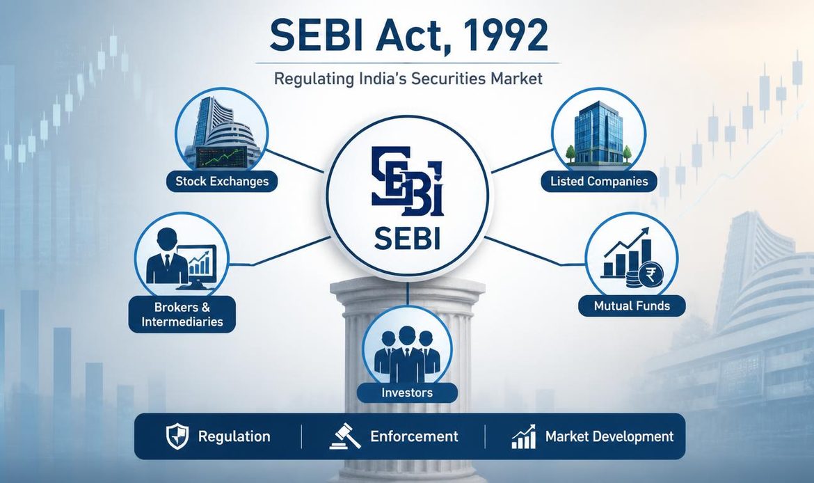 SEBI Act 1992 framework showing SEBI’s role in regulating investors, intermediaries, listed companies and stock exchanges.