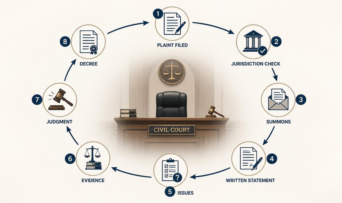 “Stages of a civil suit under the Code of Civil Procedure from plaint filing to decree”