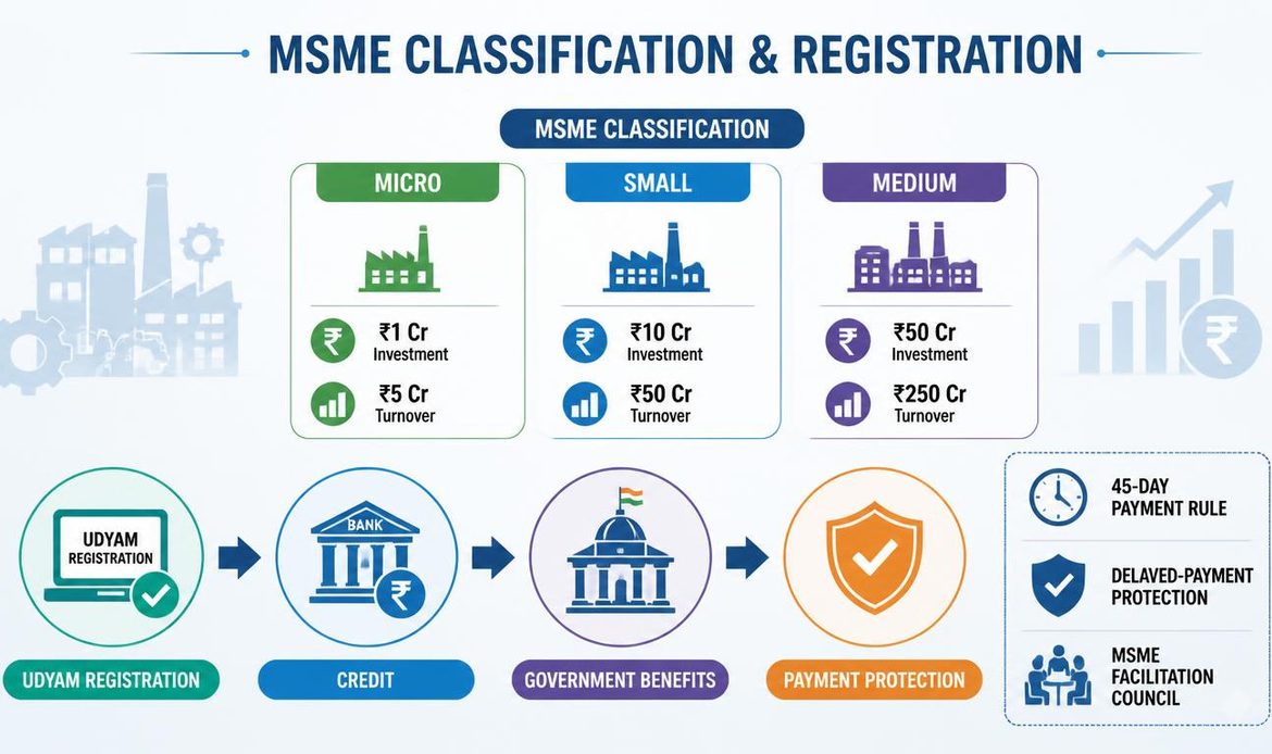 MSME classification, Udyam registration, business benefits and delayed payment protection under the MSME Development Act 2006