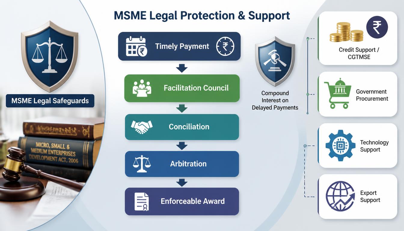 MSME legal safeguards, Facilitation Council dispute resolution, credit support and government assistance under the MSME Development Act 2006