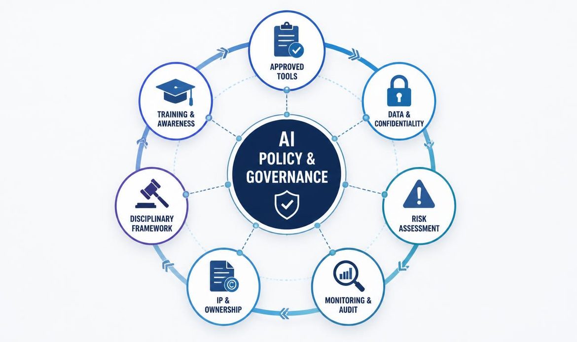 AI governance framework for Indian employers covering approved AI tools, data handling, risk assessment, monitoring, intellectual property, training, and disciplinary controls.
