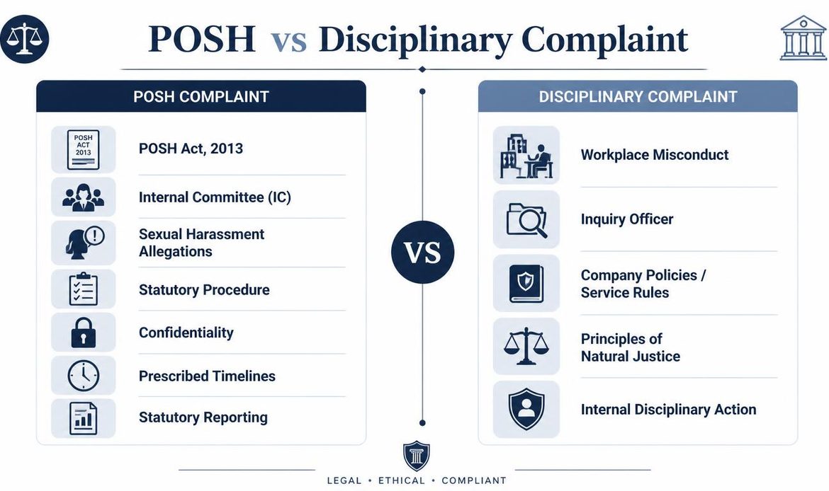 “Comparison of POSH and disciplinary complaints showing differences in authority, procedure, confidentiality and legal framework.”