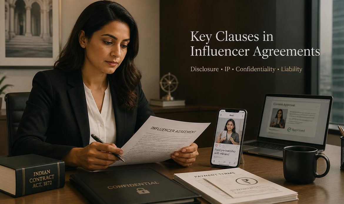 Corporate lawyer reviewing key clauses of an influencer agreement covering disclosure, intellectual property, confidentiality and liability.