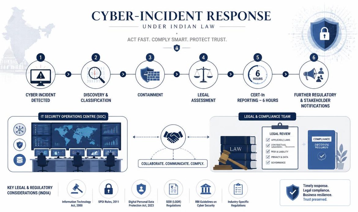 “Cyber incident response timeline showing detection, containment, legal assessment and CERT-In reporting within six hours in India.”