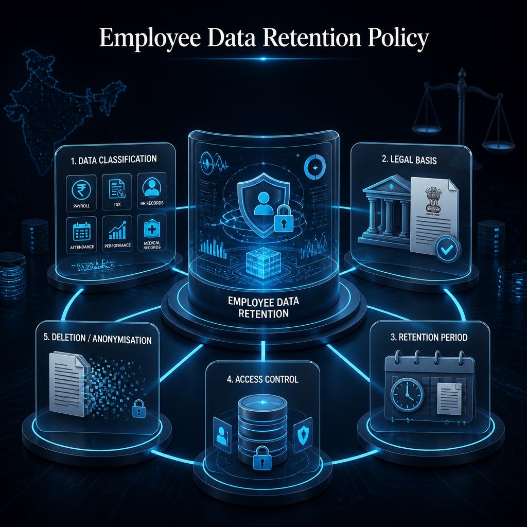 Employee data retention policy framework showing data classification, legal basis, retention periods, access controls, and deletion