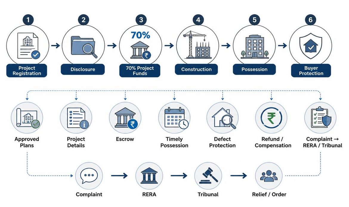 Explanatory infographic showing the RERA process from project registration and financial safeguards to possession, buyer protection and dispute resolution.
