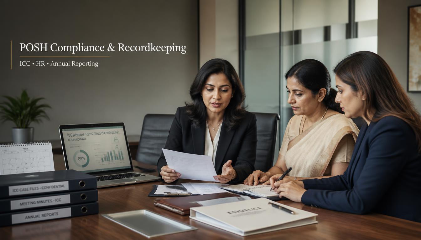 HR and Internal Complaints Committee members reviewing confidential POSH compliance records and annual reporting documents.