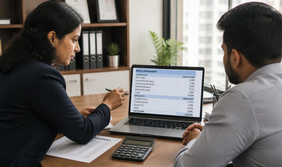 HR manager reviewing salary structure and payroll compliance under the Code on Wages