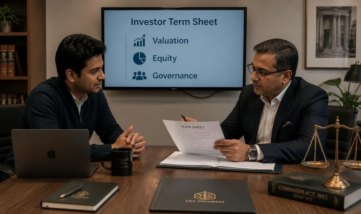 Investor term sheet being reviewed by startup founders and investors in a professional legal meeting.