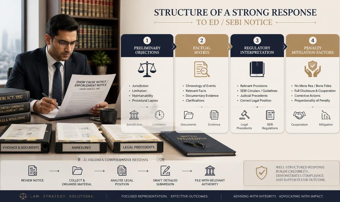 “Key components of a structured SEBI show cause notice response, including objections, facts, legal analysis, evidence, and penalty mitigation.”