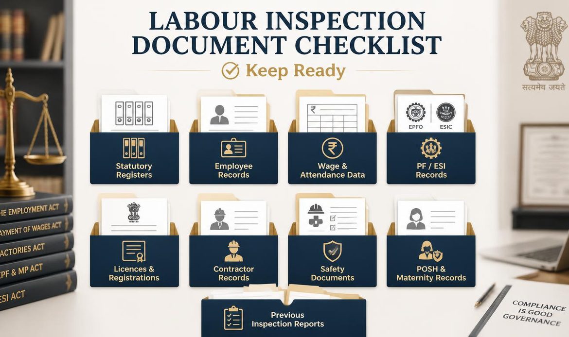 Labour inspection document checklist showing statutory registers, employee records, wage records, PF and ESI documents, licences, contractor and safety records