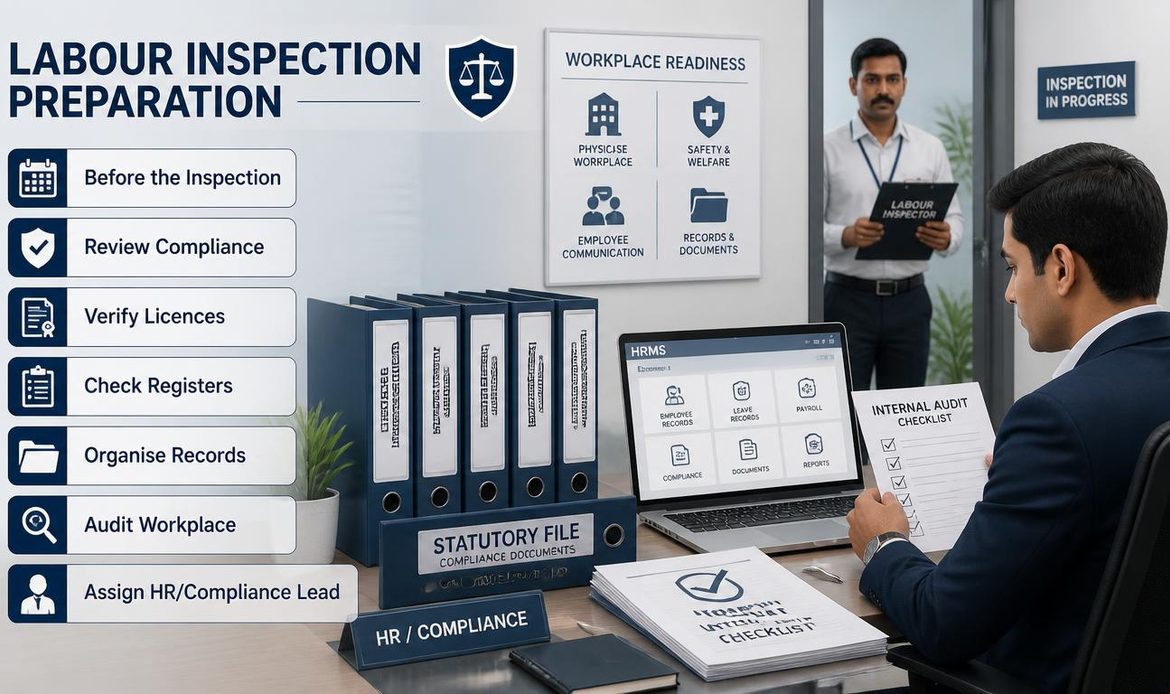 Labour inspection preparation checklist for Indian employers covering compliance, licences, registers, records and workplace readiness