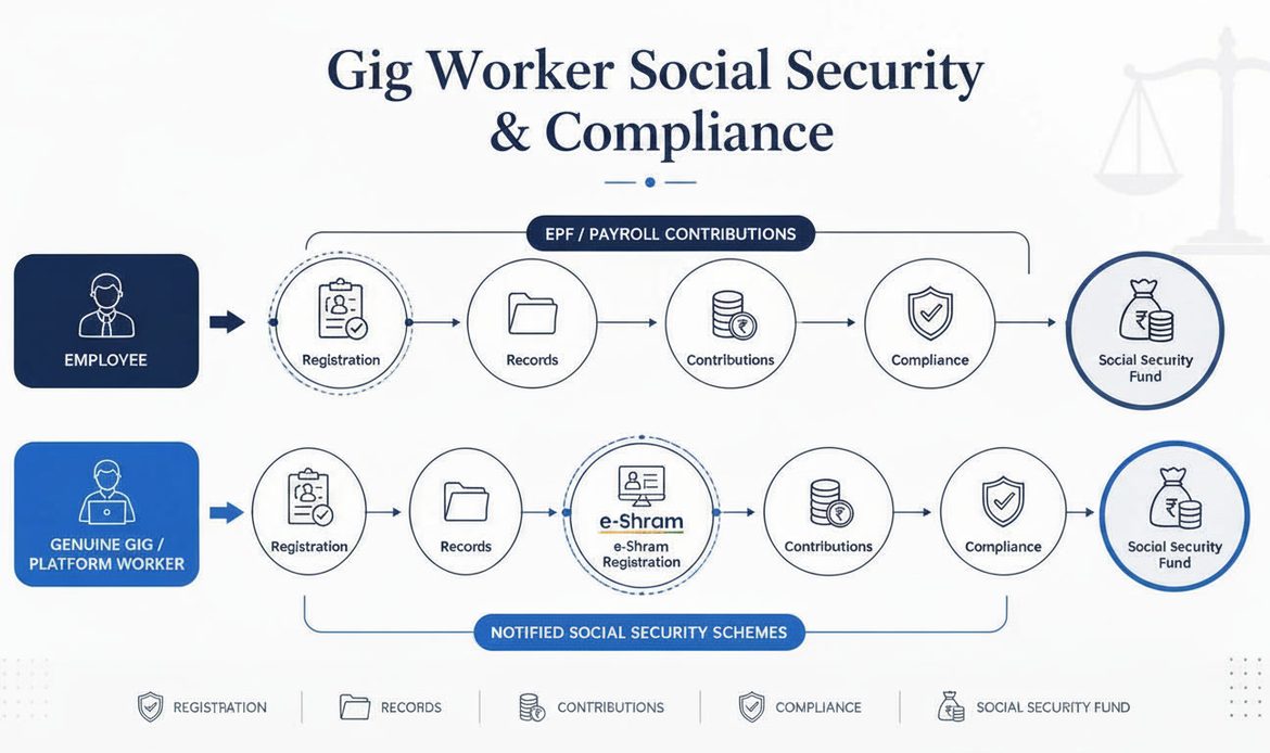 Legal infographic comparing payroll-based EPF compliance for employees with registration-based social security for genuine gig and platform workers in India.