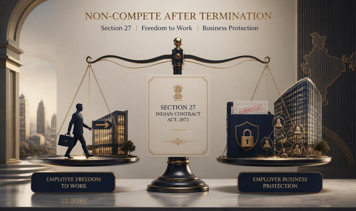 Non-compete enforcement in India showing the balance between employee freedom to work and protection of employer business interests under Section 27.