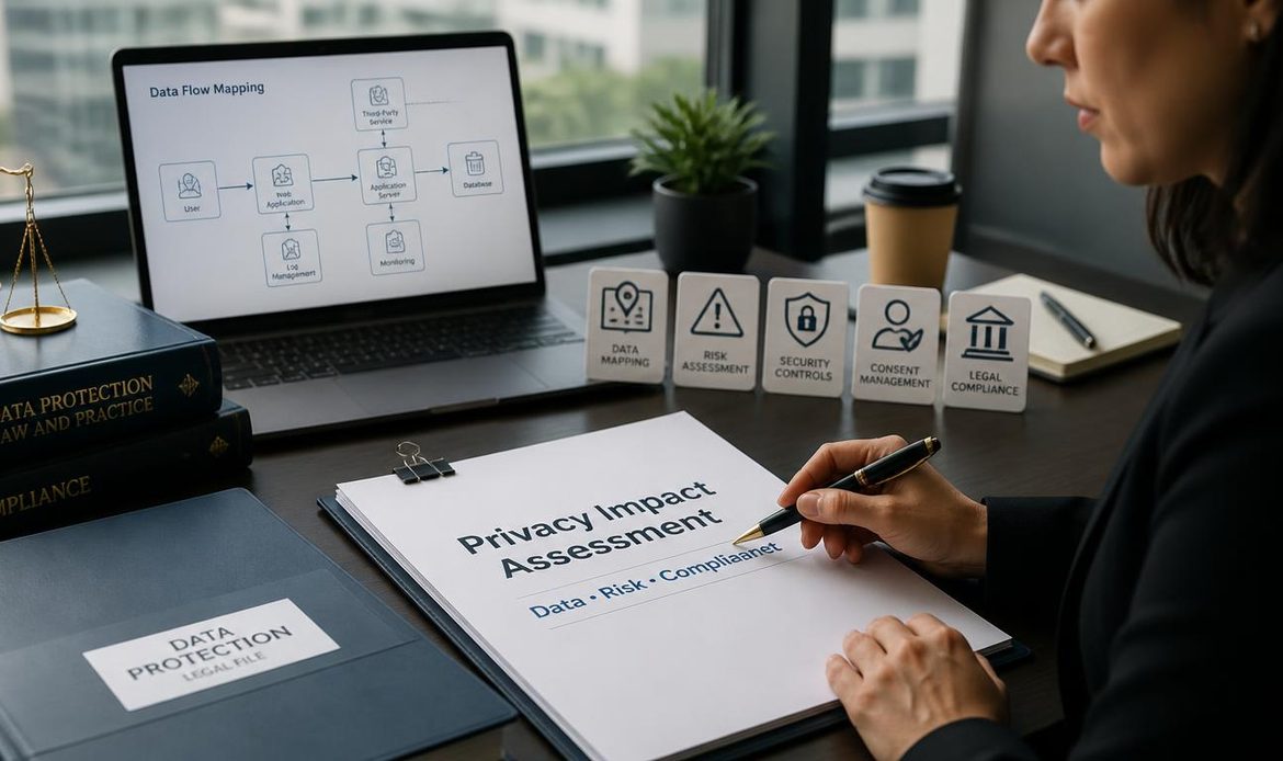 Privacy professional reviewing a privacy impact assessment with data mapping and compliance documents.
