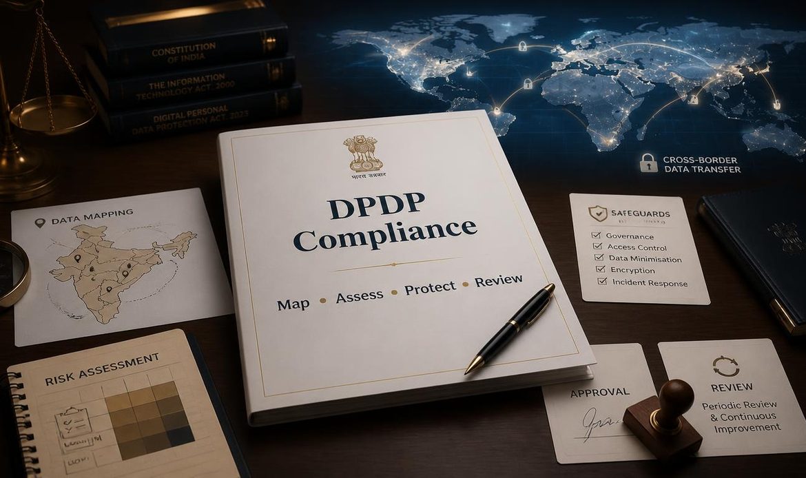 Professional DPDP compliance illustration showing data mapping, risk assessment, safeguards and privacy review.