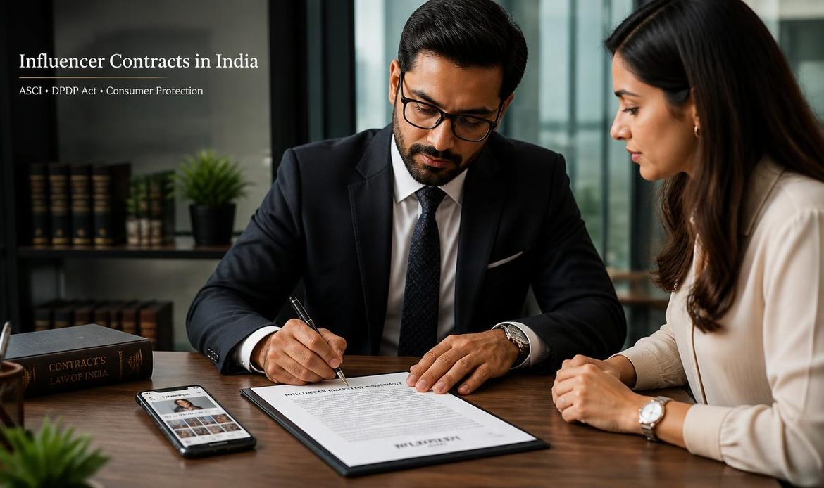Professional lawyer reviewing an influencer marketing contract with social media and legal compliance elements.