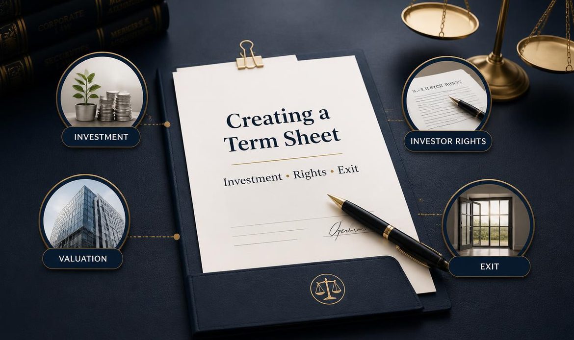 Professional legal infographic illustrating the key components of creating an investor term sheet in India.