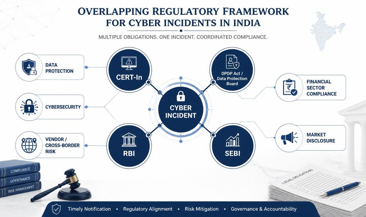 “Regulatory framework showing how CERT-In, DPDP, RBI and SEBI requirements overlap during a cyber incident in India.”