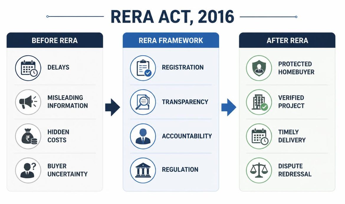 Simple infographic explaining how RERA changed India’s real estate sector from an uncertain market to a more transparent and regulated system.