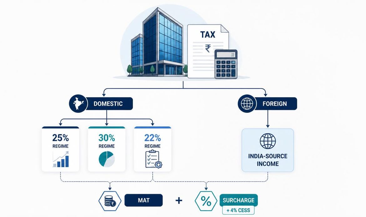Simple infographic explaining the corporate tax structure in India for domestic and foreign companies, including concessional regimes, MAT, surcharge and cess.