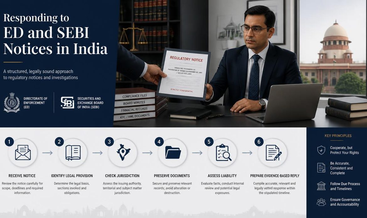 “Steps for responding to an ED or SEBI notice, including jurisdiction review, document preservation, liability assessment, and reply preparation.”