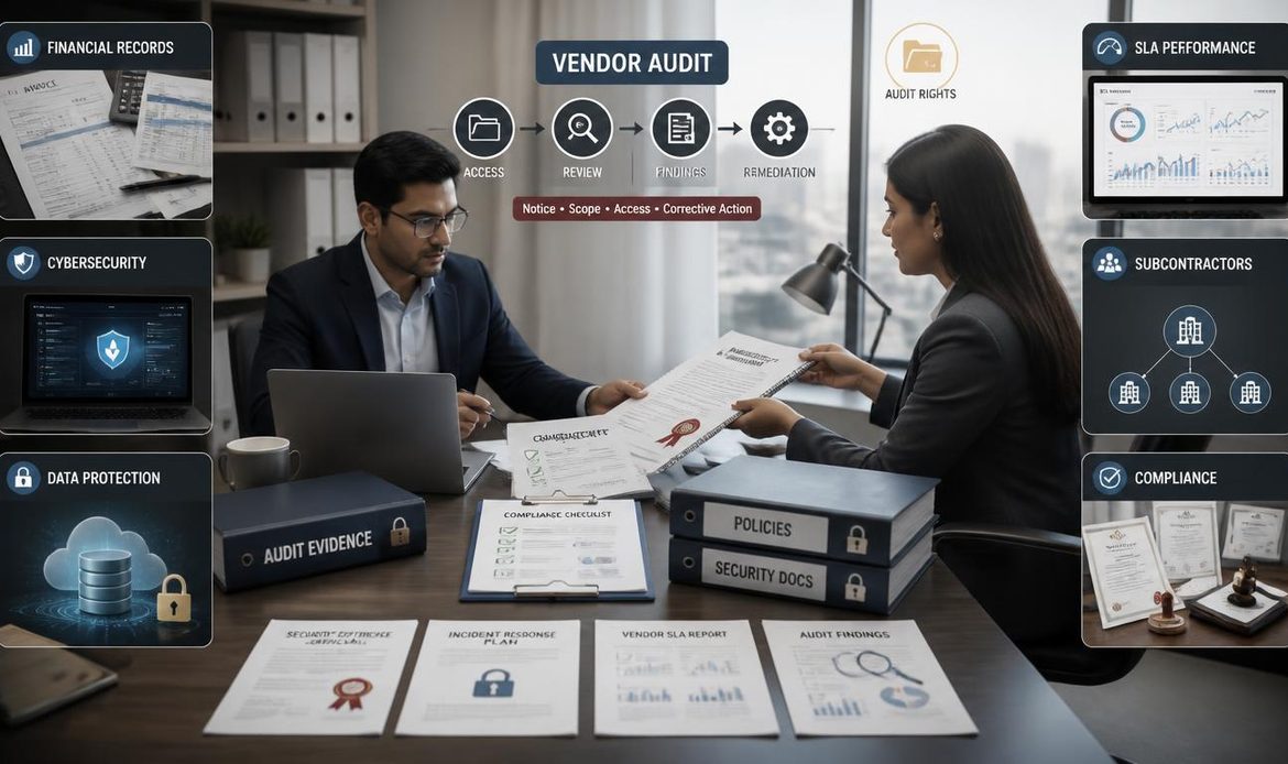 Vendor audit process showing compliance records, cybersecurity controls, subcontractor oversight and remediation