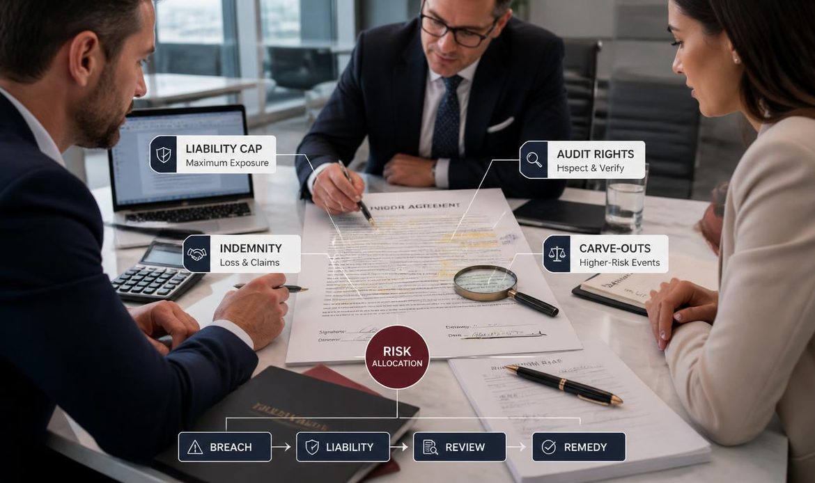 Vendor contract showing liability allocation, audit rights, indemnity and liability cap provisions