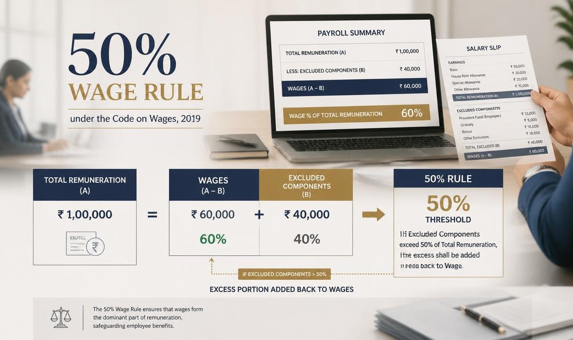 50% wage rule showing how excess excluded salary components are reclassified as wages under the Code on Wages.