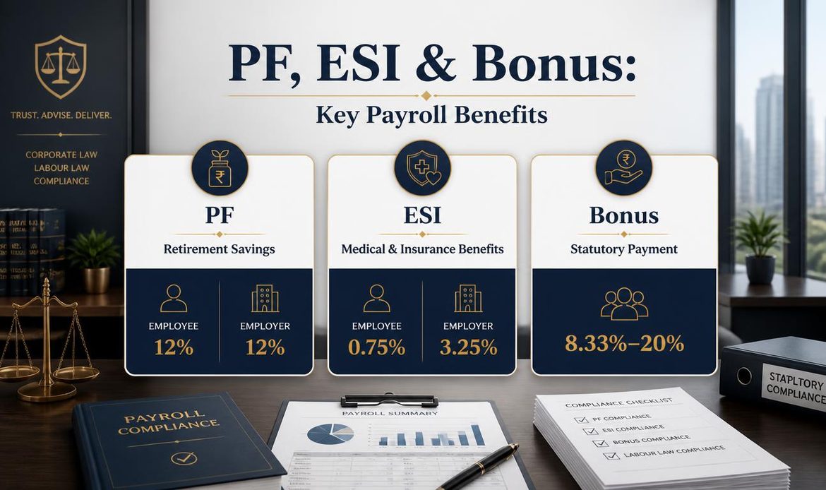 Comparison of PF, ESI and statutory bonus contribution rates for employee payroll compliance in India.