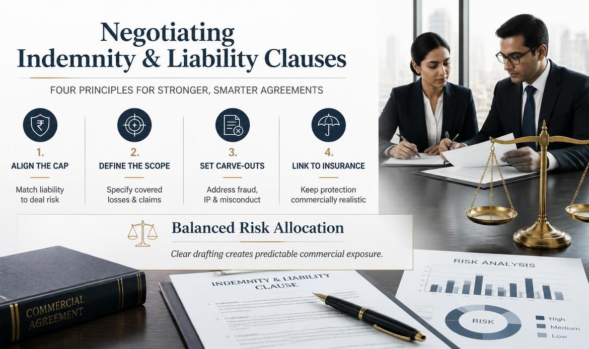 “Corporate legal infographic showing key strategies for negotiating indemnity and limitation of liability clauses.”