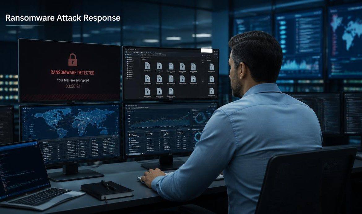 Cybersecurity professional responding to a ransomware attack in a corporate IT environment